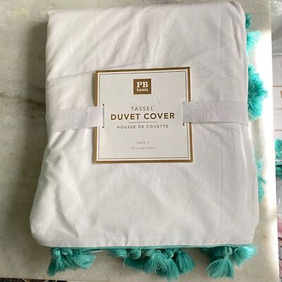Pottery Barn Teen Green Tassel Duvet Cover Size Twin PB Teen Dorm Ready-image