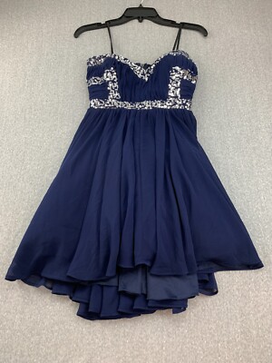 City Studio Pleated Chiffon Sequin Mini Dress Women Size 7 Navy Blue Sliver Prom-image