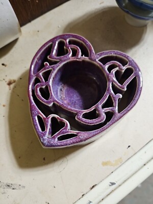 Candle Pots Purple Pottery Heart Shaped Candle Holder 3.5x4x1-image