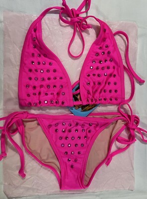 Skinny Dip Swimwear Hot Pink/Fuchsia Rhinestone Halter Tie Side Bikini Swim 2 pc-image