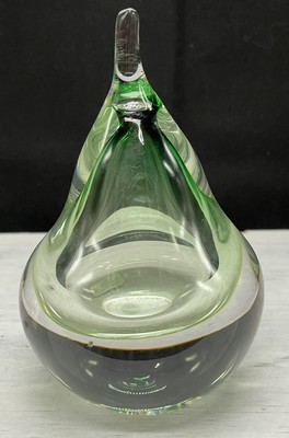 Studio Ahus Art Glass Pear Shaped Paperweight Sweden 1983 Signed Green Tint-image