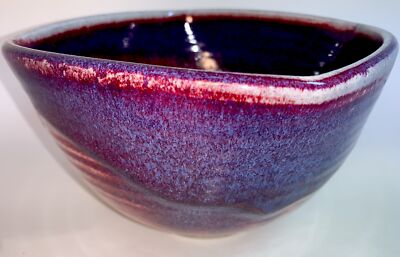 Round/Square Edge Raku Art Studio Pottery Bowl Signed 4.5” Tall 7” Wide Purple-image
