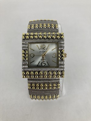 Studio Time 31mm Silver/Gold Tone Quartz Watch w/Bangle Cuff Band & Battery-image