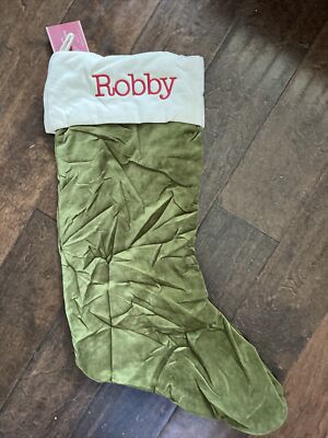 NWT Pottery Barn Classic Large Green Ivory Velvet Christmas Stocking Mono Robby-image