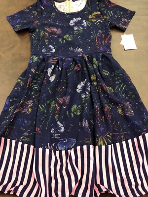 Lularoe Large Amelia Pleated Dress 🦄 L 14-16 Blue Floral Pink Stripes Dip NWT-image