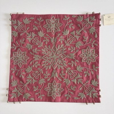 Pottery Barn Embroidered Tile Pillow Cover NWT Coral Pink/Red Tan 18x18 Pom Trim-image