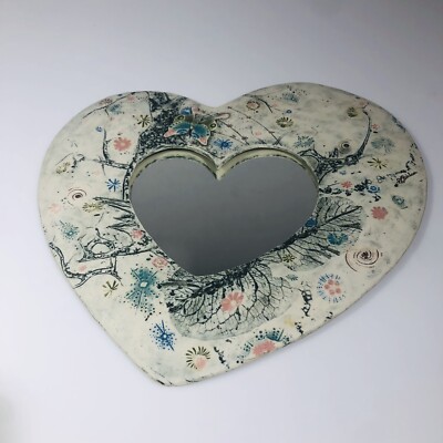 EC Brinkman Studio Pottery Porcelain Heart Shaped Wall Mirror Butterfly-image