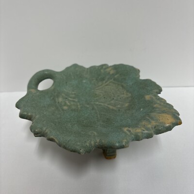 Studio Art Pottery Clay Leaf Shaped Footed Dish Candle Holder Green Color Rustic-image