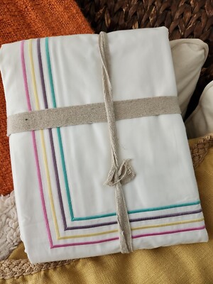 NEW Pottery Barn Organic Grand Embroidered Full Queen Duvet Cover Rainbow-image