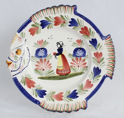 HB Henriot Quimper France Hand Painted Fish Shaped Ceramic Plate 9 3/4