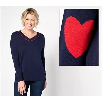 Studio Park Amy Stran Galentines V-Neck Heart Sleeve Navy Red Women Size X Large-image