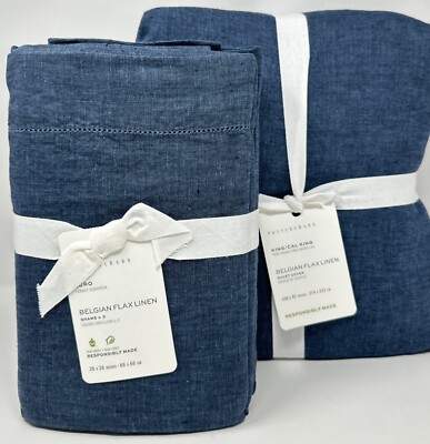 New~Pottery Barn~Belgian Flax Linen Duvet Cover~King + 3 Euro Shams~Denim-image