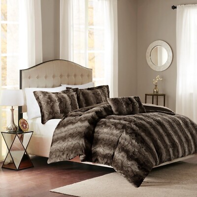 Madison Park Zuri Soft Plush Comforter Set Faux Fur Animal Stripes Design brown-image