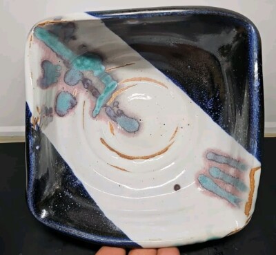 Mel Kunihiro Oregon Hand Made Vibrant Glazed Studio Pottery Square Bowl -image
