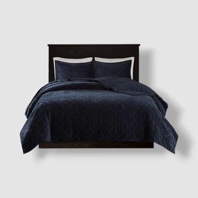 Madison Park Blue Navy Harper Velvet 3-Pc. Quilt Set, King Size-image