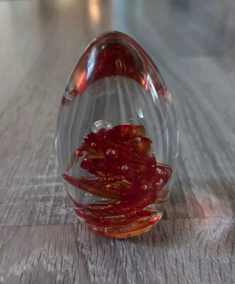 Blown Glass Paperweight Egg Shaped Red Swirls 4 in Tall Art Studio-image