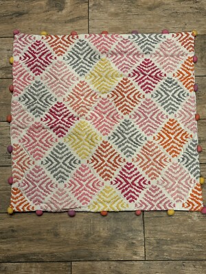 Pottery Barn Teen Euro Sham Embroidered Pink Orange Yellow Pom Pom Trim -image
