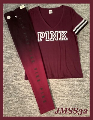 Victoria's Secret Pink SS Tee Shirt + Ombre Dip Dye Leggings Set Plum Orchid L-image