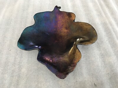 Studio Fused Art Glass Iridescent Leaf Shape Dish Bowl Artist Signed(?) -Black-image