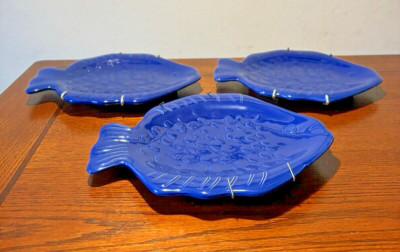 3 Home Studio Coastal Collection Fish-Shaped Blue Embossed Salad Plates or Decor-image