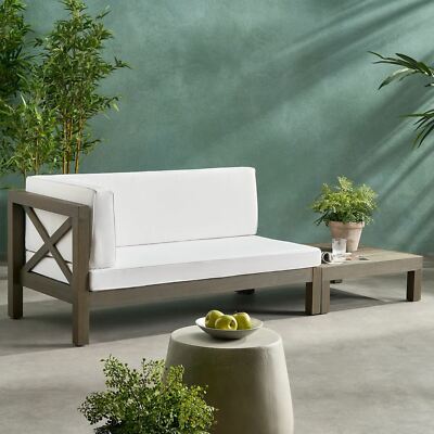 Keith Outdoor Acacia Wood Left Arm Loveseat and Coffee Table Set with Cushion-image