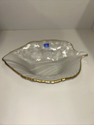 Vtg Studio Nova Leaf Dish Frosted Glass Gold Edge Frosted 14.5