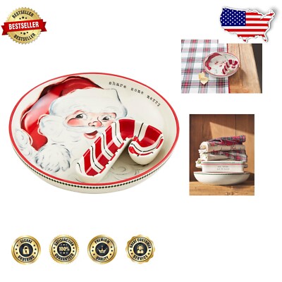 Classic Vintage Santa Chip Bowl with Candy Cane Dip Cup - Festive Holiday Set-image