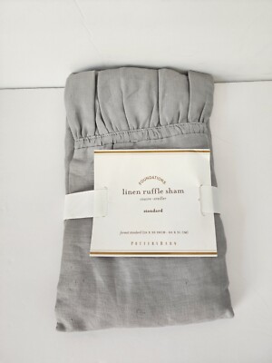 New POTTERY BARN Gray Woven 100% Linen Standard Pillowcase Ruffle Sham 20” X 26”-image