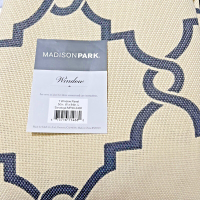Madison Park Saratoga, Ivory / Blue, Panel Fretwork Print Curtain, 50