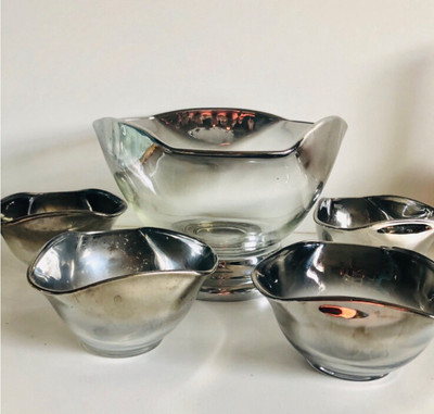Dorothy Thorpe Bowl Vintage Silver Fade Rim Large Chip Dip Glass MCM Set Of 4-image