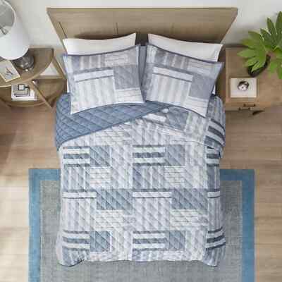 Madison Park Duvet Cover 3 piece SET Full/Queen Halston Quilted Patchwork Blue-image