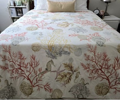 POTTERY BARN DUVET ATLANTIC SEASHELLS CORAL STARFISH SEAHORSE KING + 2 Euro Sham-image
