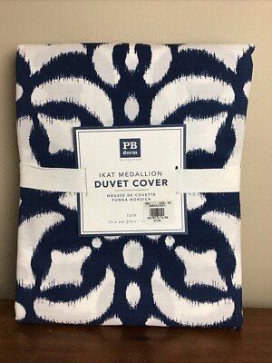 NEW Pottery Barn PB Teen Dorm Blue/White Ikat Medallion Twin Duvet Cover Boho-image