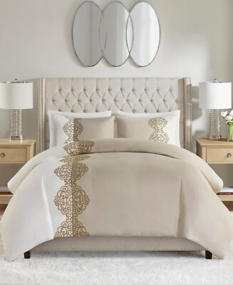 Madison Park Panache 3 Pc. Embroidered Microfiber Duvet Cover Set Tan Full/Queen-image