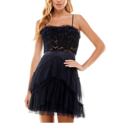 City Studio Womens Juniors Velvet Applique Fit & Flare Dress Navy Blue 1-image