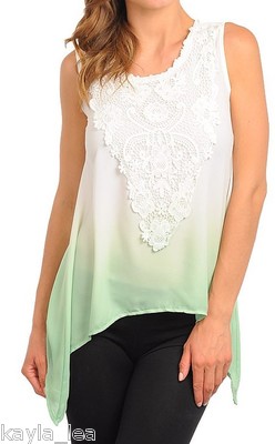 Green/White Ombre Dip Dyed Crochet Applique Chiffon Asymmetrical Top S M L-image