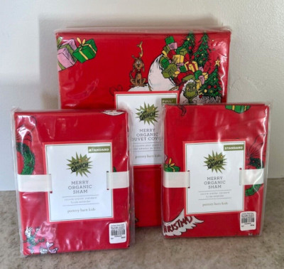 Pottery Barn Kids MERRY Grinch red cotton FULL QUEEN duvet cover SHAMS-image