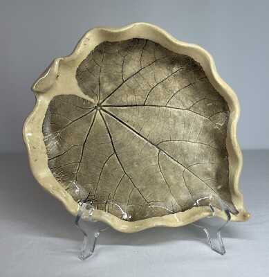 Studio Art Pottery Leaf Shaped & Textured Plate Dish Tray, OOAK Signed-image