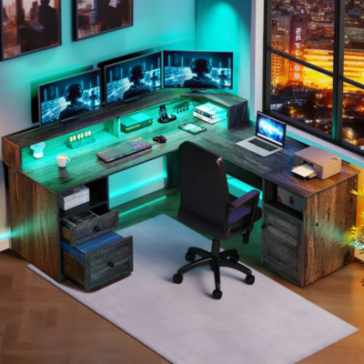 Wade Logan 59'' L-Shaped Adjustable Desk with LED Lights and Power Outlets-image