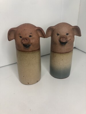 Salt & Pepper Shakers Stoneware Pig W/ Stoppers Ceramic Art Studio, Vintage 5”H-image