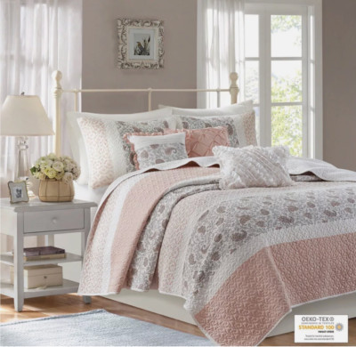 Madison Park Blush 6 Piece Cotton Percale Quilt Set Retail, ON SALE-image