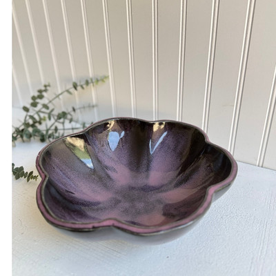Studio Pottery Flower-Shaped Bowl | Handcrafted Purple Glaze Ceramic Decorative-image