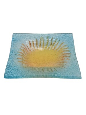 Studio Art Glass Blue Trinket Jewelry Square Dish Yellow Sun Center-image