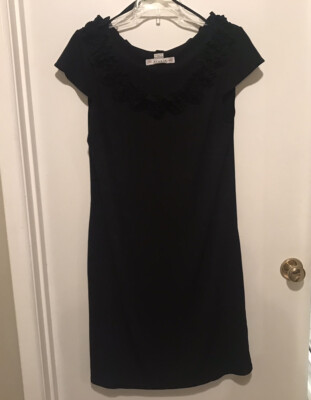 AA Studio AA Short Black CapSleeve Slip-on Sz14 Dress Ruffle Flower Neck E91-image