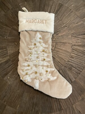 Pottery Barn Embellished Beaded Velvet Christmas Tree Stocking Mono Margaret-image