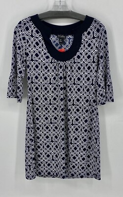 EN FOCUS STUDIO Preowned Women's Size 8 Blue/White Geometric Dress Flare Sleeves-image