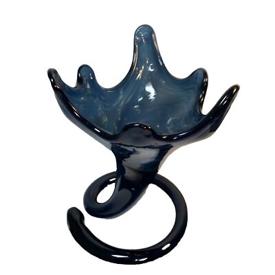 Vintage Murano Style Blown Glass Trumpet Vase Dark Smoky Blue Curled Base-image