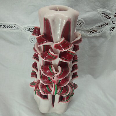 Vintage Sculpted Carved Ribbon Hand Dipped Christmas Candle White Red Green 9