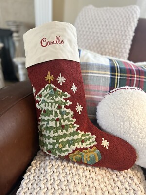 Pottery Barn Christmas Tree Crewel Embroidered Multicolor Stocking MONO Camille-image