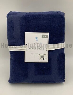 Pottery Barn Kids Geo Organic Chenille Duvet Navy Blue Full Queen #F56J-image
